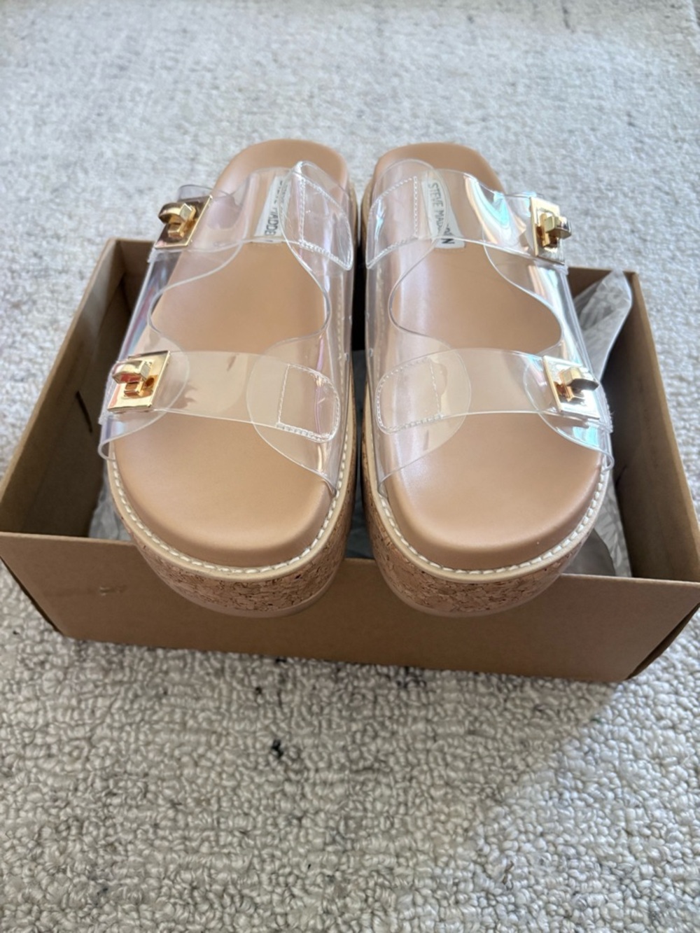 Steve Madden Clear Double-Strap Cork Platform Sandals - Nude/Gold